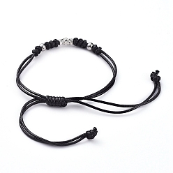 Black Braided Bead Bracelets, with Waxed Polyester Cord, Tibetan Style Alloy Tube Bails and 304 Stainless Steel Beads, Antique Silver & Stainless Steel Color, Black, 1 inch~4-3/8 inch((2.6~11cm)