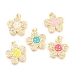 Mixed Color Brass Micro Pave Clear Cubic Zirconia Pendants, with Enamel and Jump Rings, Long-Lasting Plated, Flower with Smiling Face, Real 18K Gold Plated, Mixed Color, 24x22x3mm, Hole: 3mm