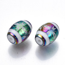 Colorful Electroplate Glass Beads, Barrel with Flower Pattern, Colorful, 11x8mm, Hole: 1.2mm, about 200pcs/bag