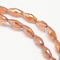 Coral Electroplate Crystal Glass Rice Beads Strands, Faceted, Rainbow Color Plated, Coral, 4x9mm, Hole: 1mm, about 58pcs/strand, 20.4 inch