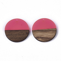 Fuchsia Transparent Resin & Walnut Wood Pendants, Flat Round, Fuchsia, 28.5x3.5~4mm, Hole: 1.5mm