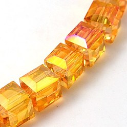 Dark Orange Electorplated Glass Beads, Rainbow Plated, Faceted, Cube, Dark Orange, 9x9x9mm, Hole: 1mm