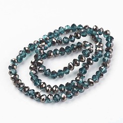 Bleu Vert Plaquent verre transparent perles brins, demi-plaqué noir, facette, rondelle, sarcelle, 4x3mm, Trou: 0.4mm, Environ 123~127 pcs/chapelet, 16.5~16.9 pouce (42~43 cm)