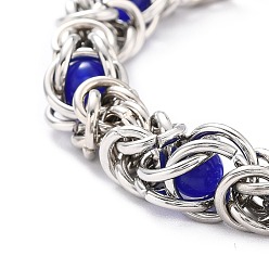 Blue 304 Stainless Steel Byzantine Chain Bracelet for Girl Women, Round Glass Beads Bracelet, Blue, 8-1/4~8-5/8 inch(21~22cm)