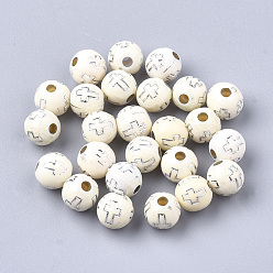 Beige Plating Acrylic Beads, Silver Metal Enlaced, Round with Cross, Beige, 8mm, Hole: 2mm, about 1800pcs/500g