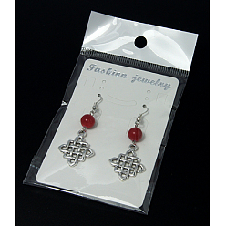 Red Dangle Rhombus Earrings, with Tibetan Style Pendant, Glass Beads and Brass Earring Hook, Red, 53mm
