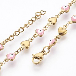 Pink Ion Plating(IP) 304 Stainless Steel Link Chain Bracelets, with Enamel and Lobster Claw Clasps, Heart with Evil Eye, Pink, 7-1/4 inch(18.5cm)