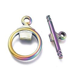 Rainbow Color Ion Plating(IP) 304 Stainless Steel Toggle Clasps, Ring, Rainbow Color, Ring: 19x13.5x2.7mm, Hole: 1.8mm, Bar: 19.5x7x2.5mm, Hole: 1.2mm