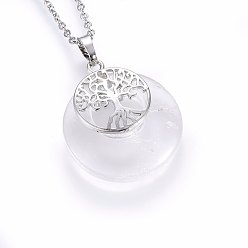 Quartz Crystal Natural Quartz Crystal Pendant Necklaces, with 304 Stainless Steel Findings, Flat Round with Tree, 19.68 inch(50cm), Pendant: 40x28x6mm