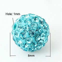 Aquamarine Pave Disco Ball Beads, Polymer Clay Rhinestone Beads, Grade A, Aquamarine, PP11(1.7~1.8mm), 8mm, Hole: 1mm