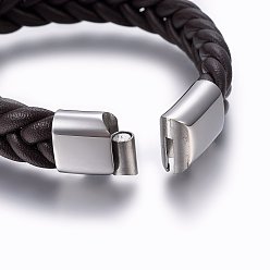 Coconut Brown Leather Braided Cord Bracelets, 304 Stainless Steel Magnetic Clasp, Rectangle, Coconut Brown, 8-5/8 inch(22cm), 13x6mm