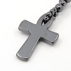 Black Mens Saint Ankh Cross Hematite Pendant Necklaces, Easter Mass Pray Jewelry, with Brass Magnetic Clasps, Black, 18 inch