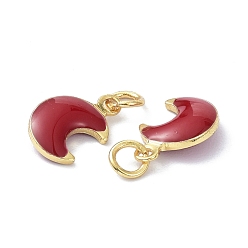 Red Brass Enamel Charms, Real 18K Gold Plated, with Jump Rings, Moon, Cadmium Free & Lead Free, Red, 11x7x3.5mm, Hole: 2.6mm