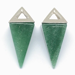 Green Aventurine Natural Green Aventurine Pendants, with Alloy Findings, Triangle, Platinum, 34x14x14.5mm, Hole: 4x6mm