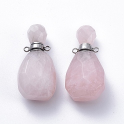 Rose Quartz Faceted Natural Rose Quartz Openable Perfume Bottle Pendants, with Stainless Steel Color Tone 304 Stainless Steel Findings, 36.5~37x18~18.5x13.5mm, Hole: 1.8mm, Bottle Capacity: 1ml(0.034 fl. oz)