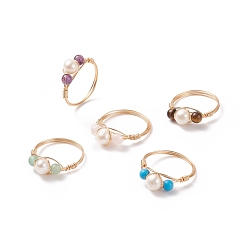 Смешанные камни Плетеное кольцо на палец с драгоценными камнями и натуральным жемчугом, украшения из светлой позолоченной медной проволоки для женщин, внутренний диаметр: 18.4~19 мм