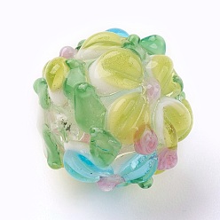 Mixed Color Handmade Lampwork Beads, Rondelle with Flower, Bumpy, Mixed Color, 14~15x12~13mm, Hole: 1.5~1.8mm