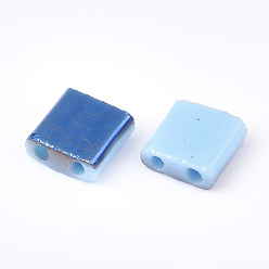 Bleu Ciel Clair Déposer des perles de rocaille en verre opaque, 2-trou, rectangle, bleu plaqué, lumière bleu ciel, 5x4.5~5.5x2~2.5mm, Trou: 0.5~0.8mm