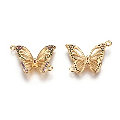 Golden Brass Micro Pave Cubic Zirconia Links, Butterfly, Colorful, Golden, 16x23x3.5mm, Hole: 1.5mm