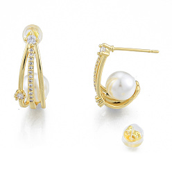 Real 18K Gold Plated Teardrop Clear Cubic Zirconia Stud Earrings, Brass ABS Plastic Pearl Ear Stud for Women, Nickel Free, Real 18K Gold Plated, 19x8mm, Pin: 0.8mm