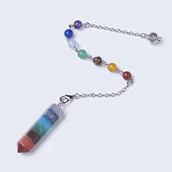 Mixed Stone Chakra Jewelry, Natural Gemstone Pointed Dowsing Pendulums, with Brass Chains, Bullet, Platinum, 240~265mm, Hole: 1.6mm, Pendant: 11x45mm