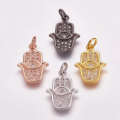 Mixed Color Brass Micro Pave Cubic Zirconia Pendants, Hamsa Hand/Hand of Fatima/Hand of Miriam, with Eye, Mixed Color, 17x12.5x2mm, Hole: 3mm
