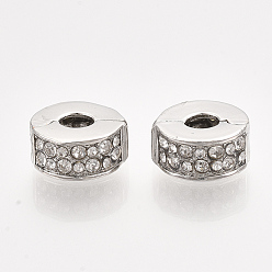 Crystal Brass European Clasps, Large Hole Beads, with Rhinestone, Flat Round, Platinum, Crystal, 11x5.5mm, Hole: 4mm