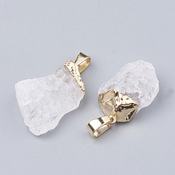 Clair Pendeloques de cristal de quartz naturel, pendentifs en cristal de roche, avec des résultats en laiton de fer doré, nuggets, clair, 20~30x10~18x8~18mm, Trou: 3~4x7mm