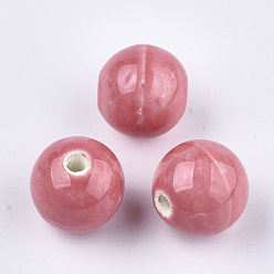 Ярко-Розовый Фарфоровые бусины ручной работы, яркие глазированный фарфор, круглые, ярко-розовый, 14~14.5x13.5~14 мм, отверстие : 2.5~3 мм