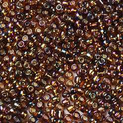 Chocolat 8/0 rondes perles de rocaille de verre, Grade a, argent bordée trou carré, couleurs transparentes arc, chocolat, 2.8~3.2mm, trou: 1.0 mm, environ 15000 pièces / livre