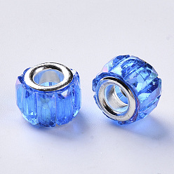 Blue Transparent Resin European Beads, Large Hole Beads, with Silver Color Plated Double Brass Cores, Faceted, AB Color Plated, Column, Blue, 11.5x8mm, Hole: 5mm