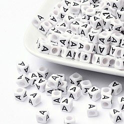 Letter A Lettre acrylique européenne perles, trou horizontal, cube, letter.a, 10x10x10mm, Trou: 3.5~4mm, environ598 pcs / 500 g