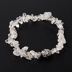 Quartz Crystal 3D Buddha Head Gemstone Beaded Stretch Bracelets, with Tibetan Style Alloy Beads, Crystal, 57mm