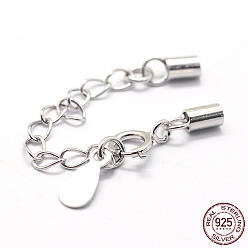 Platinum Rhodium Plated 925 Sterling Silver Cord Ends, with Extender Chains, Teardrop Charms and Spring Ring Clasps, Platinum, 47mm