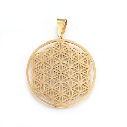 Mixed Color 304 Stainless Steel Pendants, Spiritual Charms, Flat Round with Flower of Life/Sacred Geometry, Mixed Color, 42x39x1.2mm, Hole: 8x6mm