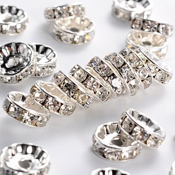 Crystal Brass Grade A Rhinestone Spacer Beads, Silver Color Plated, Nickel Free, Crystal, 10x4mm, Hole: 2mm