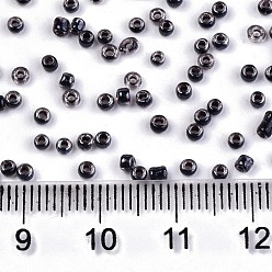 Black 12/0 Glass Seed Beads, Transparent Inside Colours Luster, Round Hole, Round, Black, 12/0, 2~2.5x1.5~2mm, Hole: 0.8mm, about 30000pcs/bag