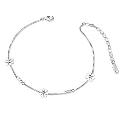 Platinum SHEGRACE Titanium Steel Anklets, with Box Chains and Round Beads, Daisy, Platinum, 7-7/8 inch(20cm)