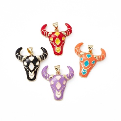 Mixed Color Brass Enamel Pendants, OX Head Charm, Lead Free & Cadmium Free, Real 18K Gold Plated, Mixed Color, 26x22.5x5mm, Hole: 3.5x4.5mm