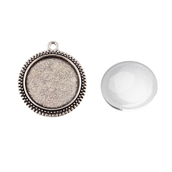 Antique Silver Pendant Making Sets, with Alloy Pendant Cabochon Settings and Glass Cabochons, Flat Round, Antique Silver, Tray: 20mm, 29x25.5x2mm, Hole: 1.5mm, 19.5~20x5.5mm