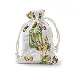 Colorful Burlap Packing Pouches, Drawstring Bags, Rectangle with Birdcage Pattern, Colorful, 14~14.4x10~10.2cm