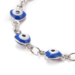 Bleu Coeur en émail avec bracelet chaînes à maillons mauvais œil, 304 bijoux en acier inoxydable pour femmes, couleur inox, bleu, 6-3/4 pouce (17.1 cm)