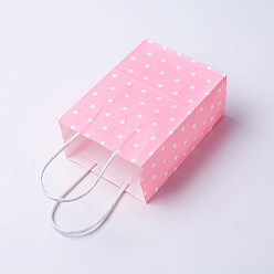 Pink Sacs en papier kraft, avec poignées, sacs-cadeaux, sacs à provisions, rectangle, motif de points de polka, rose, 15x11x6 cm