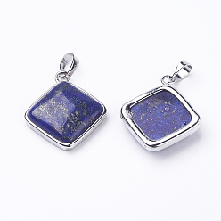 Lapis Lazuli Naturelles lapis-lazuli pendentifs, avec les accessoires en laiton, losange, platine, 25x29x7mm, trou: 5x7 mm, 18x18 mm
