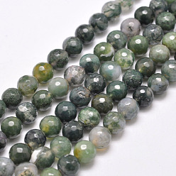 Sea Green Natural Moss Agate Beads Strands, Round, Faceted, Sea Green, 8mm, Hole: 1mm, about 48pcs/strand, 15.1 inch