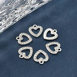 Silver Alloy Rhinestone Charms, Heart, Silver Color Plated, 14x12.5x2.5mm, Hole: 2mm