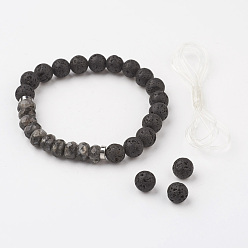 Mixed Stone Natural Gemstone Stretch Bracelets, with Lava Rock Beads and Brass Spacer Beads, Abacus and Round, Faceted, 54mm(2-1/8 inch)
