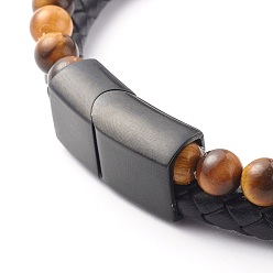 Chocolate Natural Tiger Eye Round Beads Multi-strand Bracelets, with Braided Cowhide Leather, Chocolate, 8-7/8 inch(22.5cm)