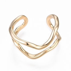 Real 18K Gold Plated Brass Double Line Wave Open Cuff Ring for Women, Nickel Free, Real 18K Gold Plated, US Size 6 1/4(16.7mm)