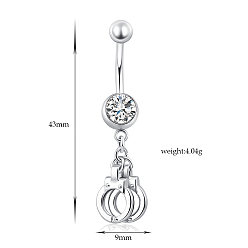 Crystal Piercing Jewelry Real Platinum Plated Brass Rhinestone Handcuffs Navel Ring Belly Rings, Crystal, 43x9mm, Bar Length: 3/8"(10mm), Bar: 14 Gauge(1.6mm)